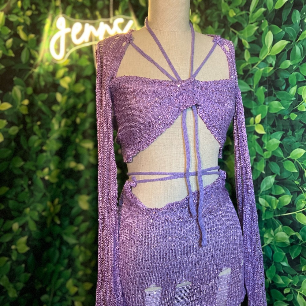 Purple Crochet 2-Piece Set | Festival Rave Skirt & Tie Top